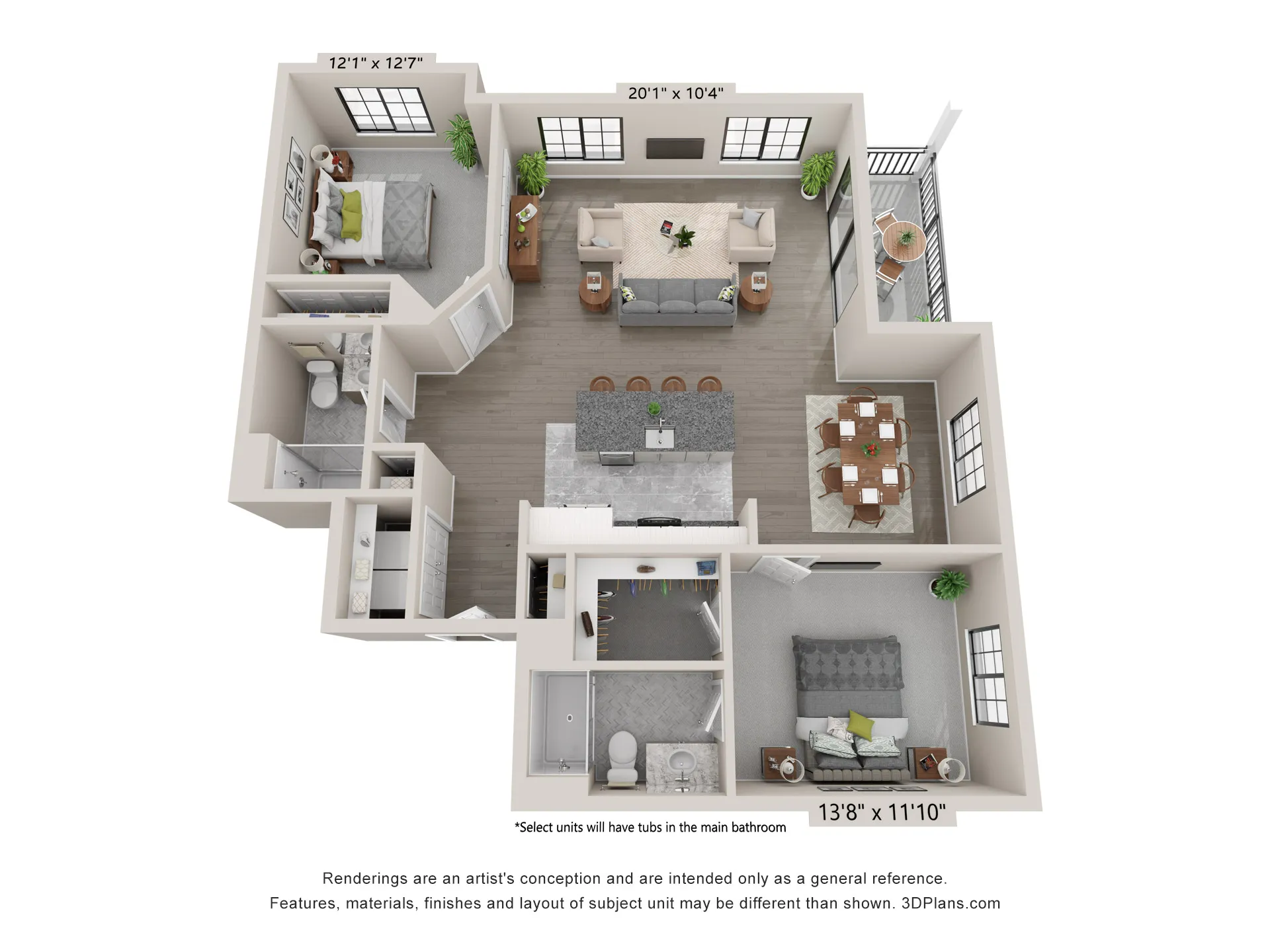 Floorplan Rendering of a 2 Bedroom, 2 Bathroom Luxury Apartment with Private Balcony